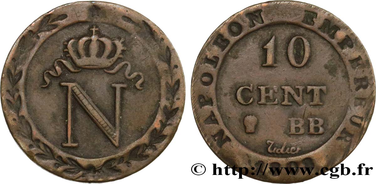 Faux de 10 cent. à l N couronnée 1808 Strasbourg F.130/4 var. BC35 