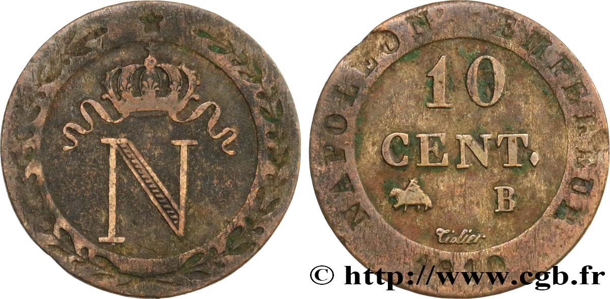 10 cent. à l N couronnée 1810 Rouen F.130/20 BC+ 