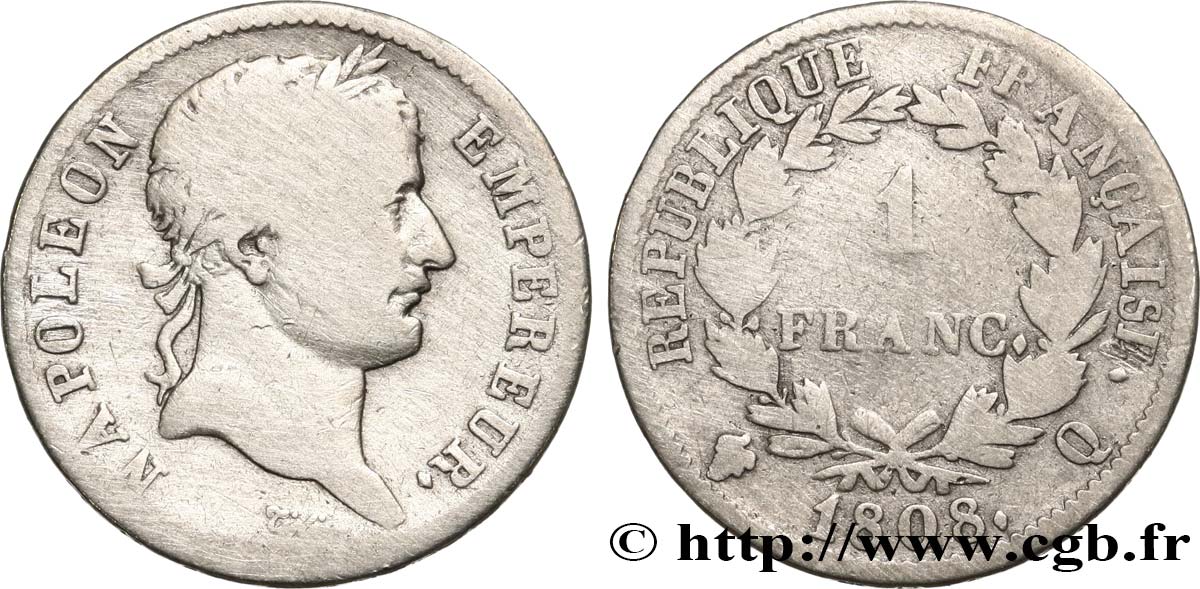 1 franc Napoléon Ier tête laurée, République française 1808 Perpignan F.204/12 B 