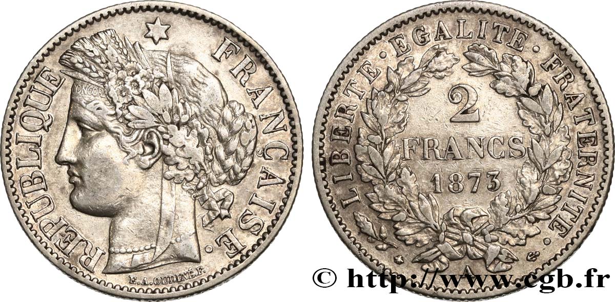 2 francs Cérès, avec légende 1873 Paris F.265/10 SS45 