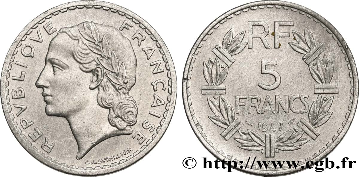 5 francs Lavrillier, aluminium 1947 Beaumont-Le-Roger F.339/11 TTB+ 
