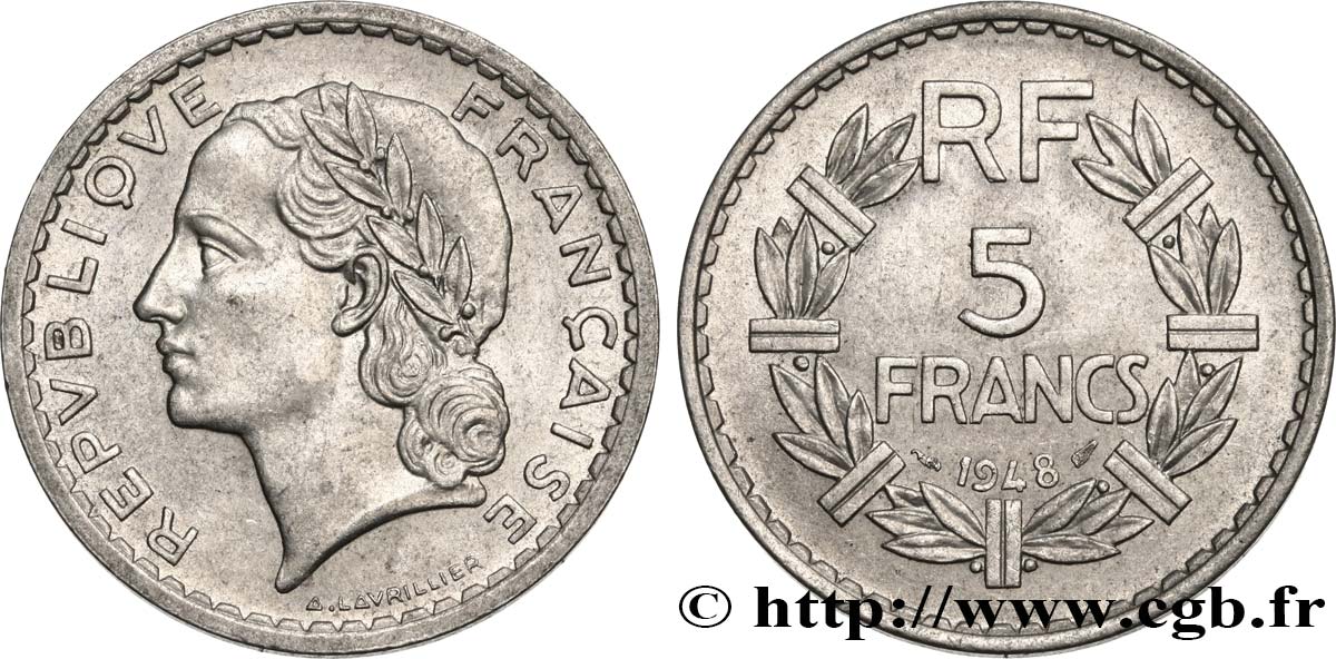 5 francs Lavrillier, aluminium, 9 ouvert 1948  F.339/13 SS52 