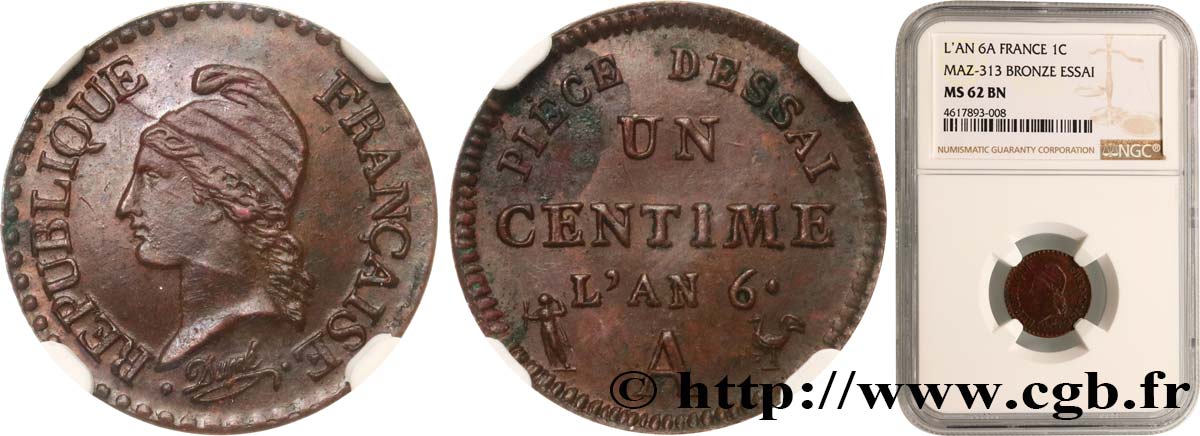 Essai de un centime Dupré 1798 Paris F.100/1 VZ62 NGC
