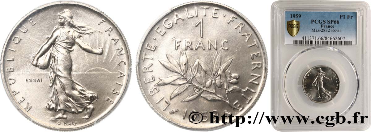 Essai de 1 franc Semeuse, nickel 1959 Paris F.226/3 ST66 PCGS