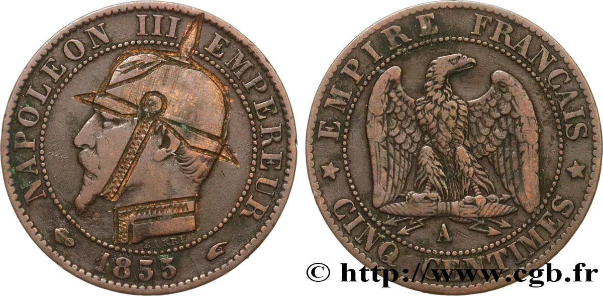 Cinq centimes Napoléon III, tête nue, satirique 1855 Paris F.116/17 var. BC35 