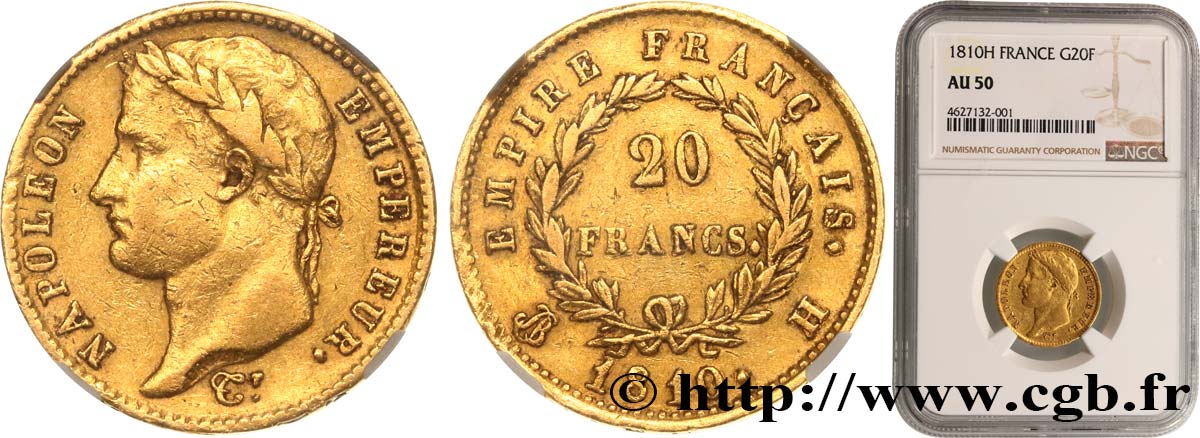 20 francs or Napoléon, tête laurée, Empire français 1810 La Rochelle F.516/10 AU50 NGC