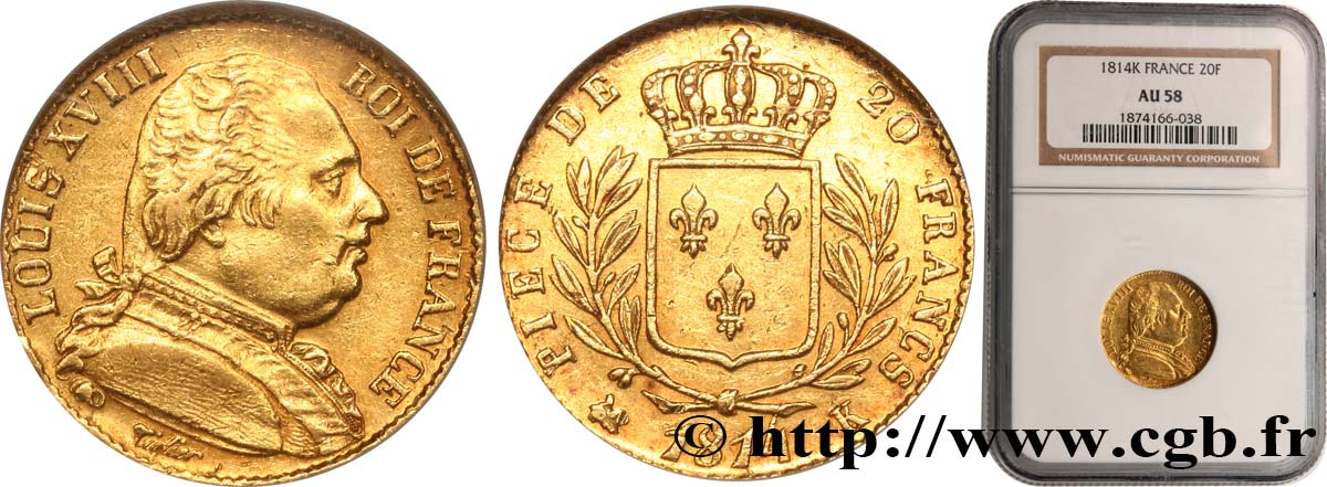 20 francs or Louis XVIII, buste habillé 1814 Bordeaux F.517/3 EBC58 NGC