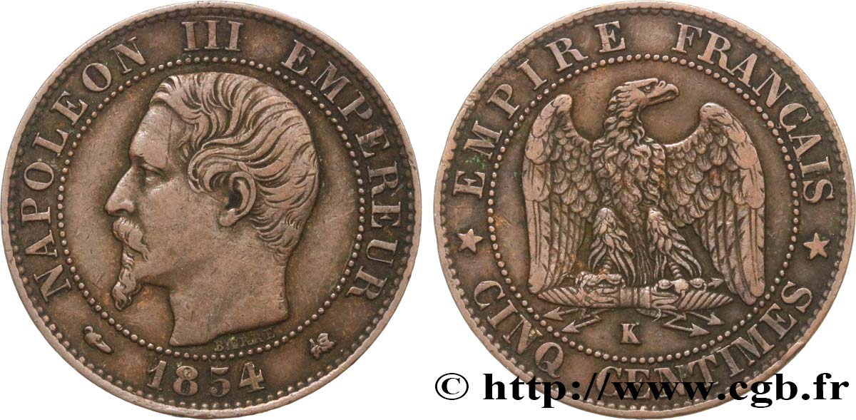 Cinq centimes Napoléon III, tête nue 1854 Bordeaux F.116/13 MBC40 