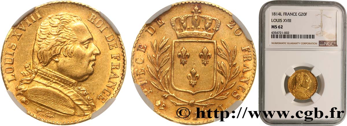 20 francs or Louis XVIII, buste habillé 1814 Bayonne F.517/5 EBC62 NGC