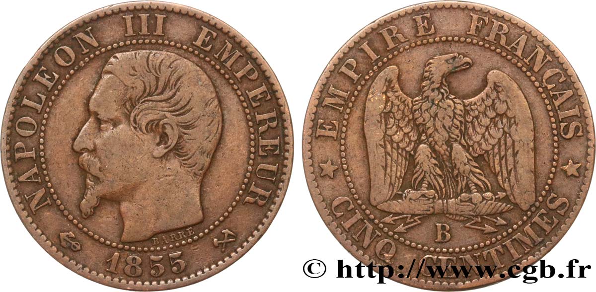 Cinq centimes Napoléon III, tête nue 1855 Rouen F.116/19 TB30 
