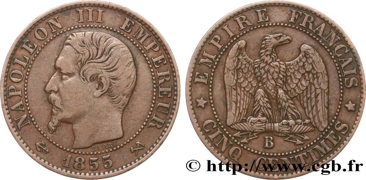 Cinq centimes Napoléon III, tête nue 1855 Rouen F.116/19 XF40 