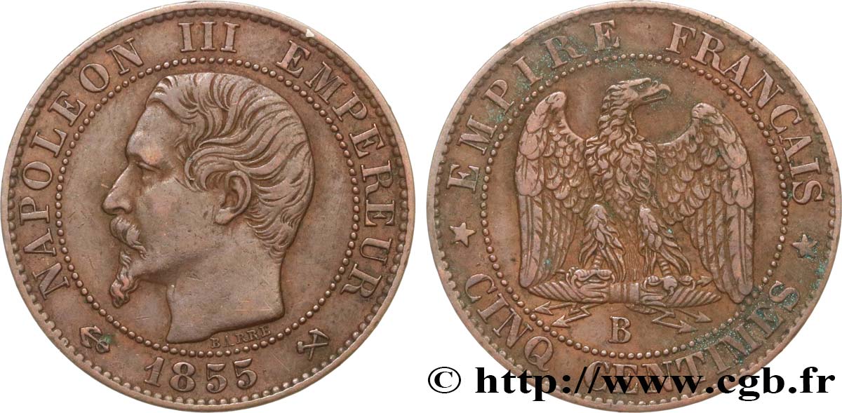 Cinq centimes Napoléon III, tête nue 1855 Rouen F.116/19 MBC45 
