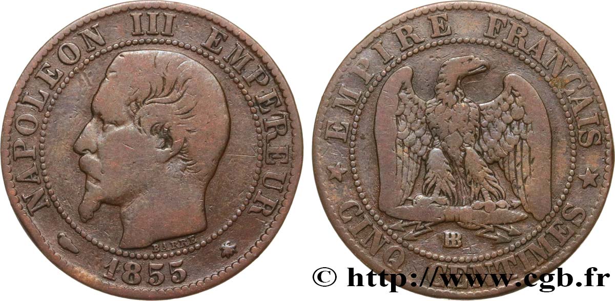 Cinq centimes Napoléon III, tête nue 1855 Strasbourg F.116/20 S15 