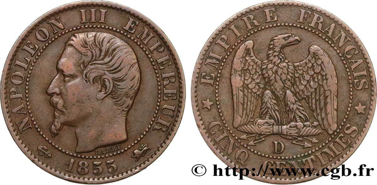 Cinq centimes Napoléon III, tête nue 1855 Lyon F.116/23 TB35 