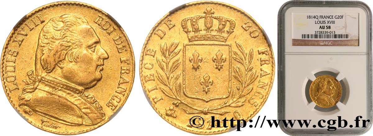 20 francs or Louis XVIII, buste habillé 1814 Perpignan F.517/7 AU58 NGC