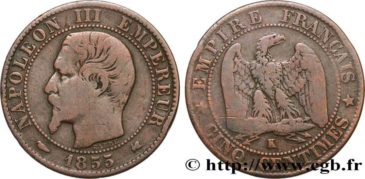 Cinq centimes Napoléon III, tête nue 1855 Bordeaux F.116/24 RC14 