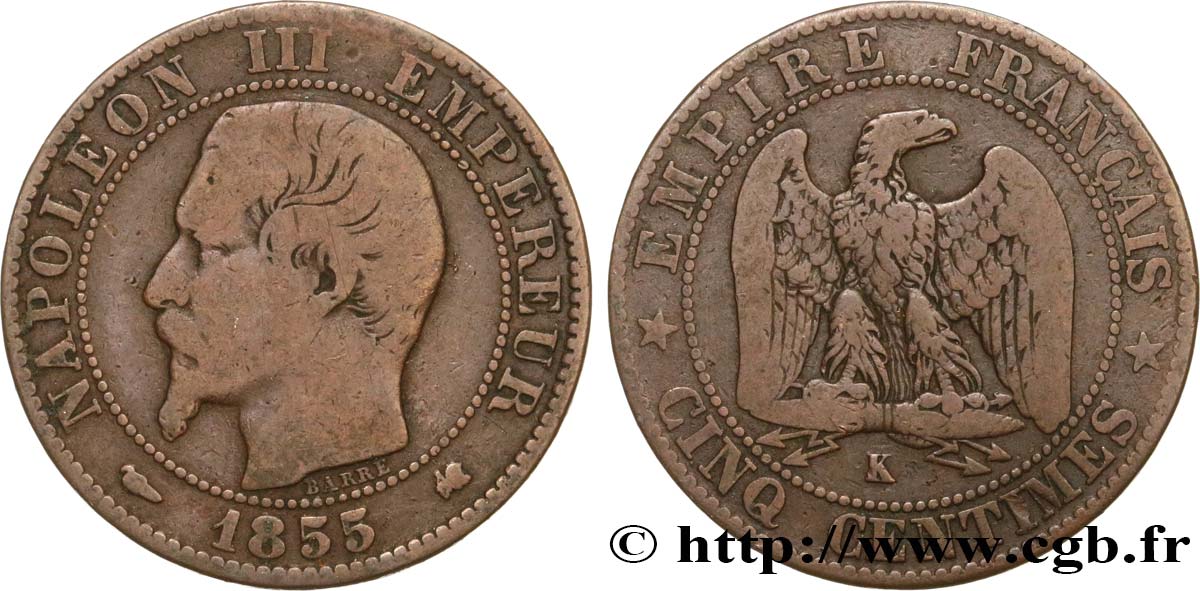 Cinq centimes Napoléon III, tête nue 1855 Bordeaux F.116/24 TB20 