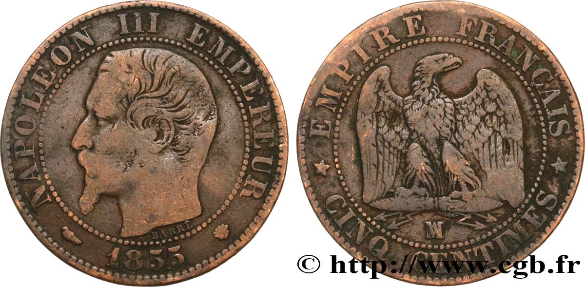 Cinq centimes Napoléon III, tête nue 1855 Marseille F.116/26 S 