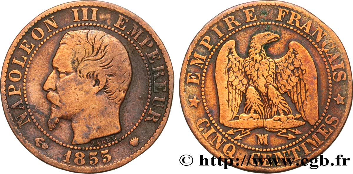 Cinq centimes Napoléon III, tête nue 1855 Marseille F.116/27 BC 
