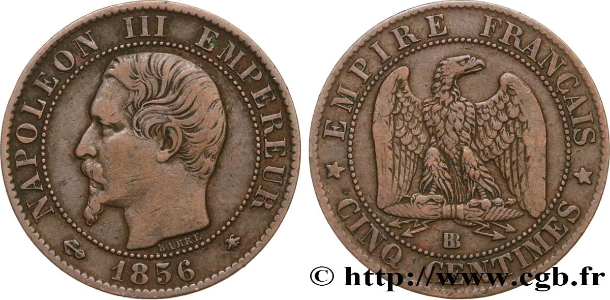 Cinq centimes Napoléon III, tête nue 1856 Strasbourg F.116/32 BC35 