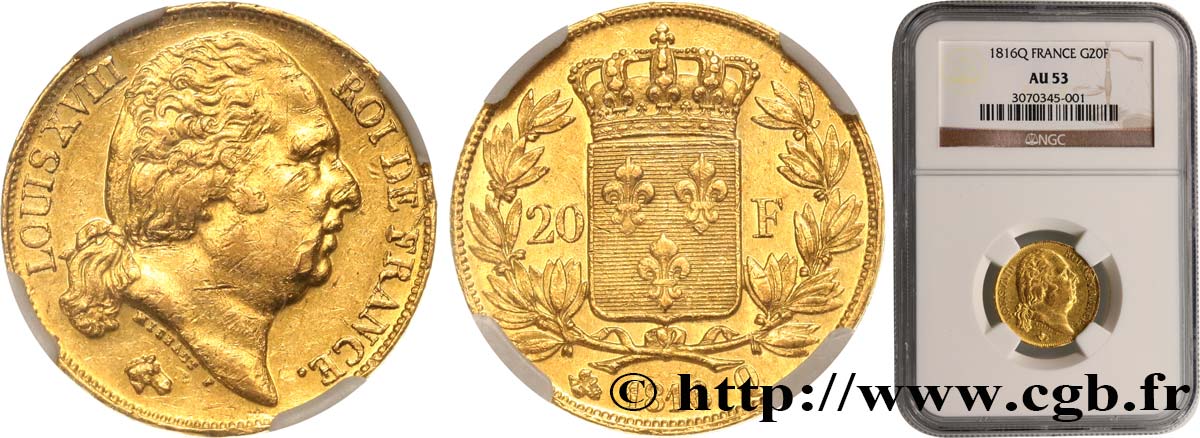20 francs or Louis XVIII, tête nue 1816 Perpignan F.519/3 AU53 NGC