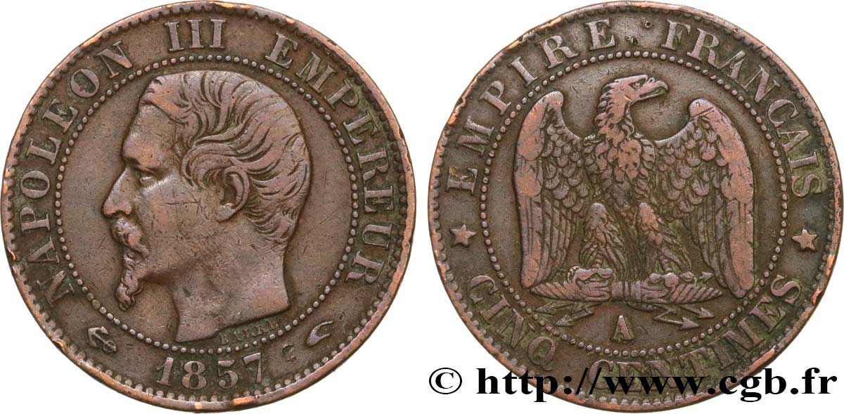 Cinq centimes Napoléon III, tête nue 1857 Paris F.116/37 VF30 