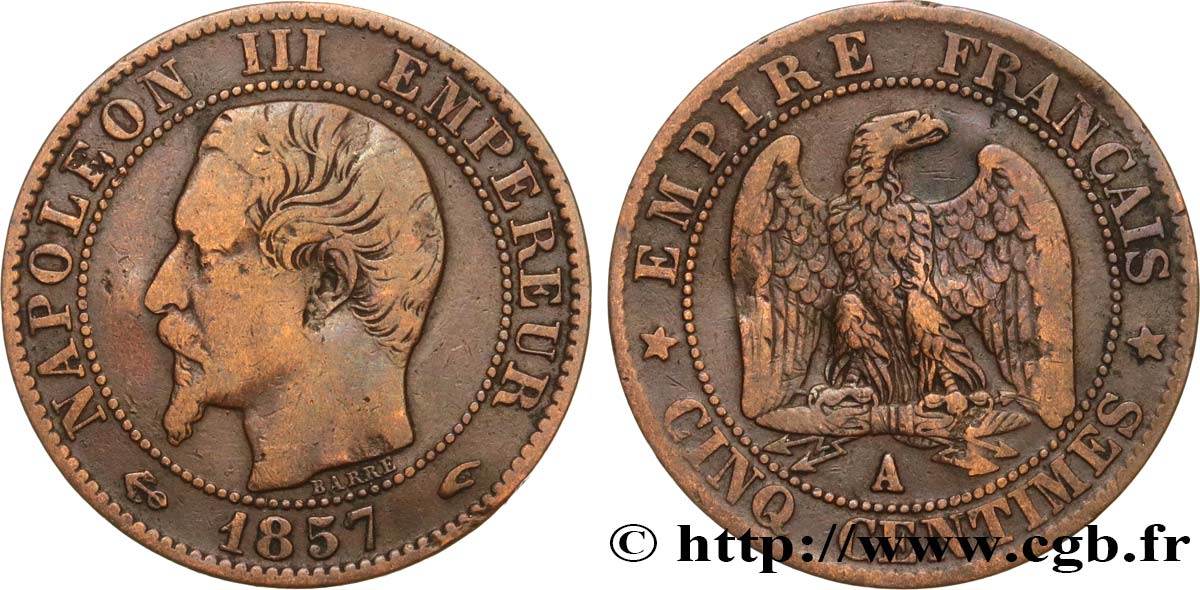 Cinq centimes Napoléon III, tête nue 1857 Paris F.116/37 MB 