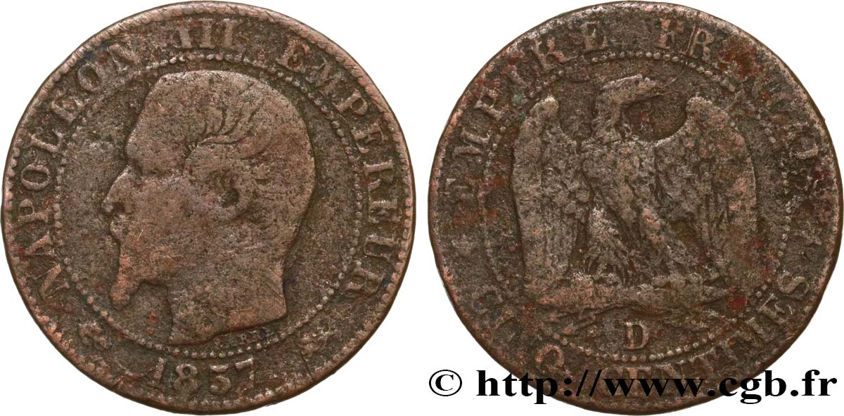 Cinq centimes Napoléon III, tête nue 1857 Lyon F.116/40 q.B 