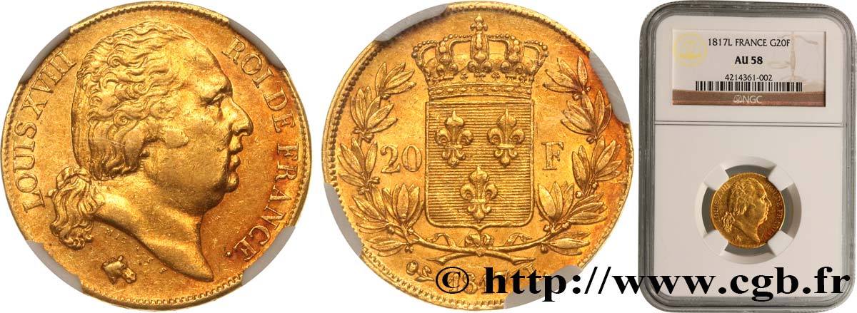 20 francs or Louis XVIII, tête nue 1817 Bayonne F.519/7 AU58 NGC
