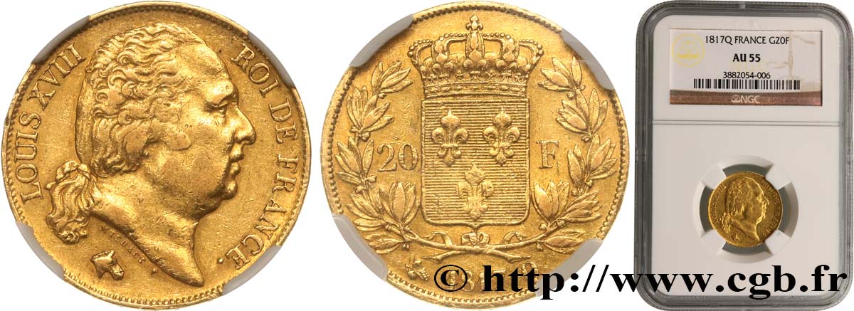 20 francs or Louis XVIII, tête nue 1817 Perpignan F.519/8 AU55 NGC
