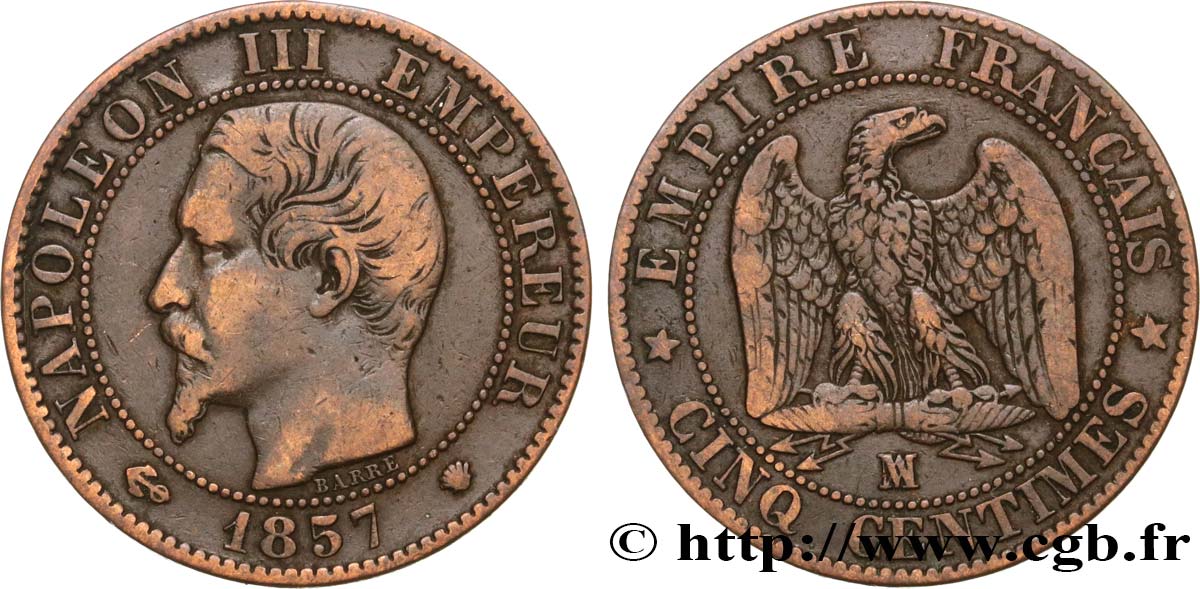 Cinq centimes Napoléon III, tête nue 1857 Marseille F.116/42 BC30 