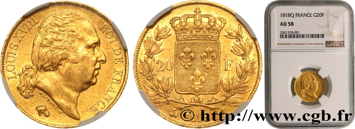 20 francs or Louis XVIII, tête nue 1818 Perpignan F.519/12 AU58 NGC