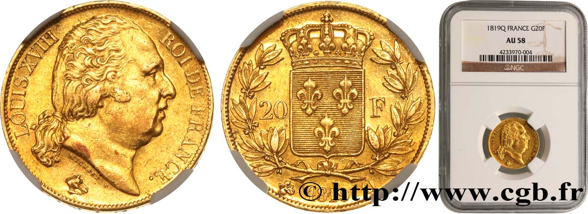 20 francs or Louis XVIII, tête nue 1819 Perpignan F.519/16 AU58 NGC