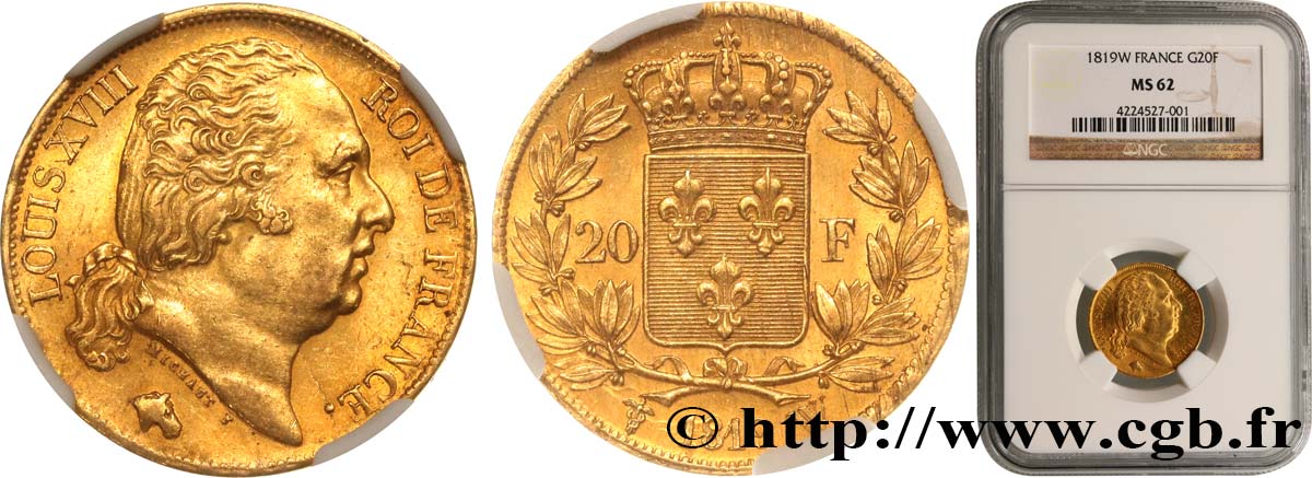 20 francs or Louis XVIII, tête nue 1819 Lille F.519/18 SPL62 NGC