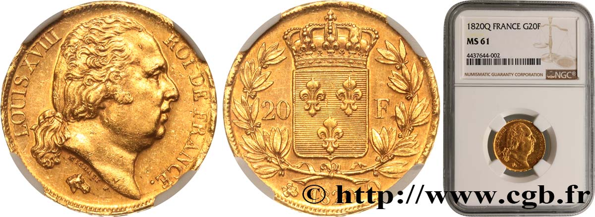 20 francs or Louis XVIII, tête nue 1820 Perpignan F.519/21 EBC61 NGC