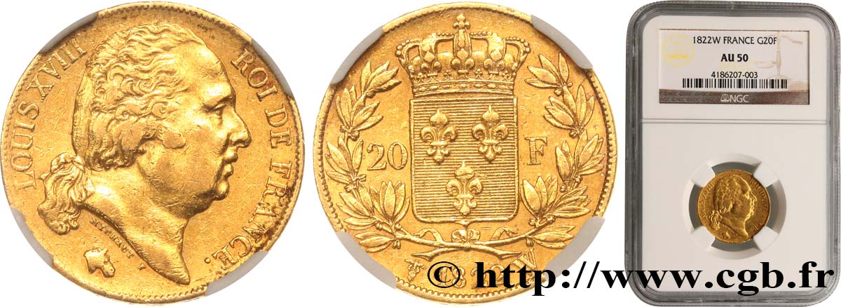20 francs or Louis XVIII, tête nue 1822 Lille F.519/28 AU50 NGC