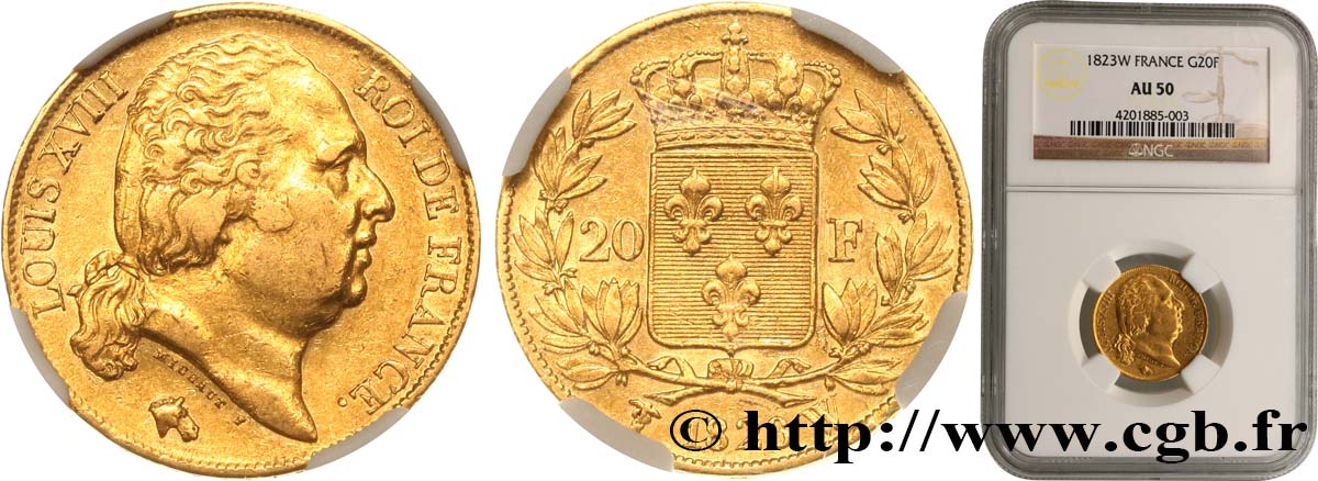 20 francs or Louis XVIII, tête nue 1823 Lille F.519/30 MBC50 NGC