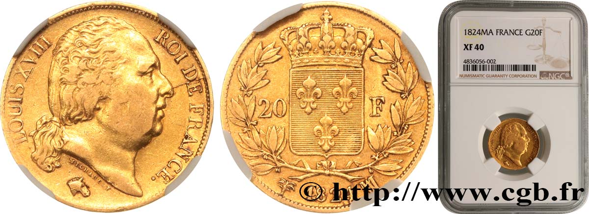 20 francs or Louis XVIII, tête nue 1824 Marseille F.519/32 SS40 NGC
