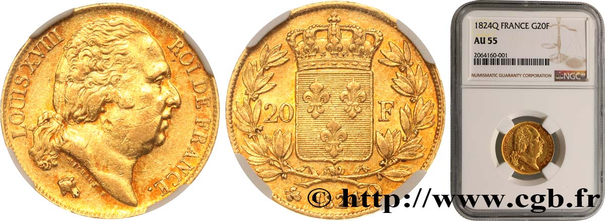 20 francs or Louis XVIII, tête nue 1824 Perpignan F.519/33 AU55 NGC