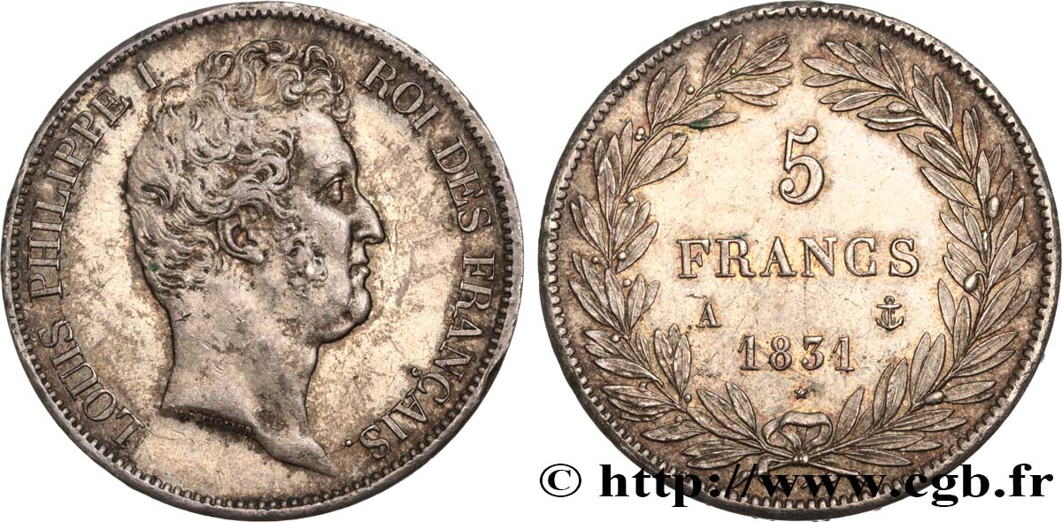 5 francs type Tiolier avec le I, tranche en creux 1831 Paris F.315/14 SUP55 