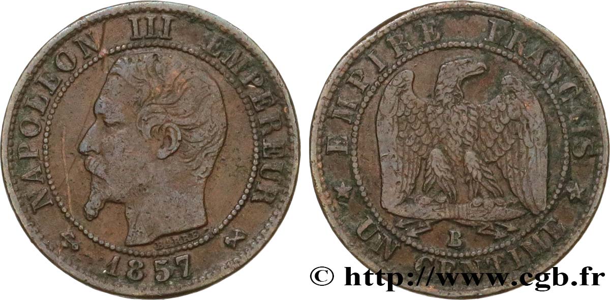 Un centime Napoléon III, tête nue 1857 Rouen F.102/34 BC 