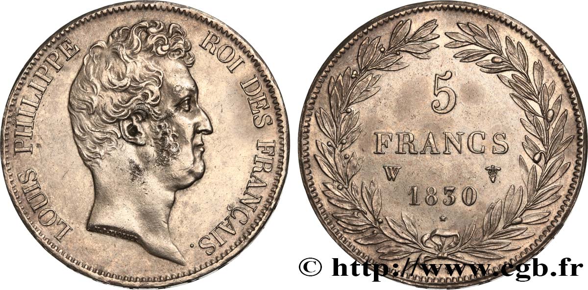 5 francs type Tiolier sans le I, tranche en creux 1830  Lille F.313/4 SUP56 