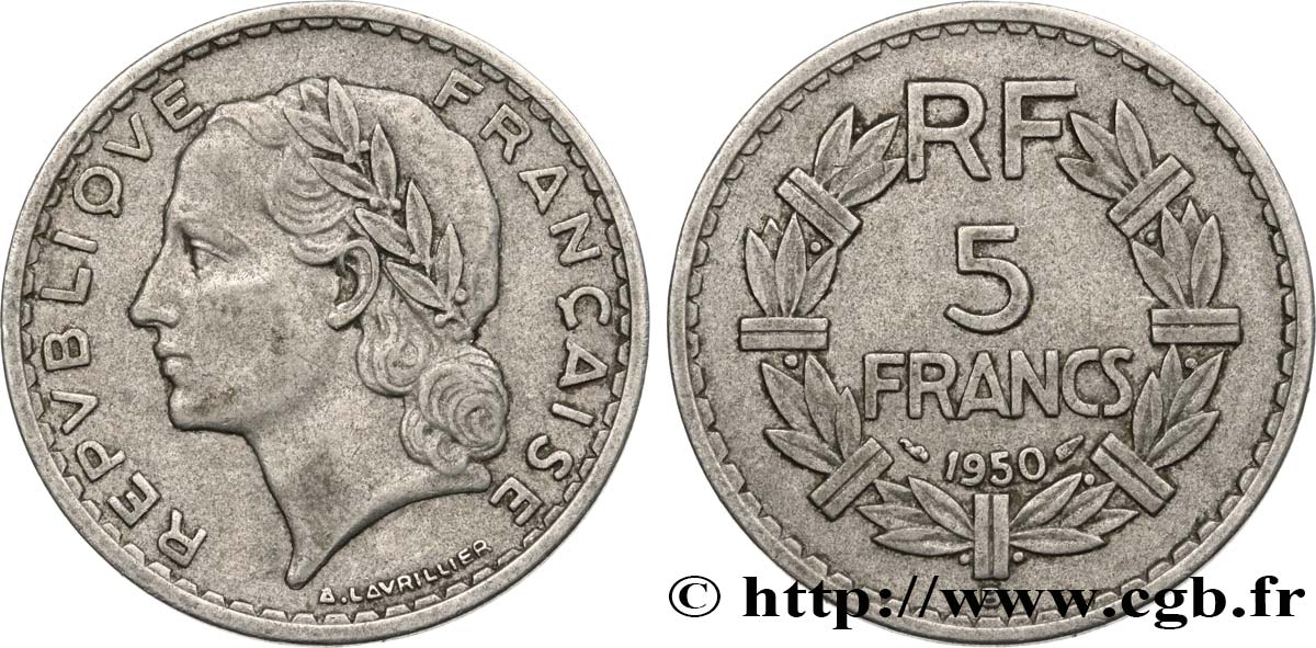 5 francs Lavrillier, aluminium 1950 Beaumont-Le-Roger F.339/21 VF35 
