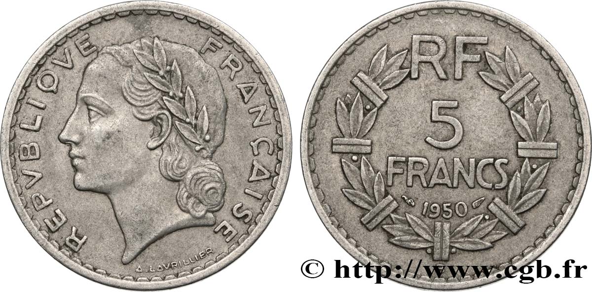 5 francs Lavrillier, aluminium 1950 Beaumont-Le-Roger F.339/21 XF45 