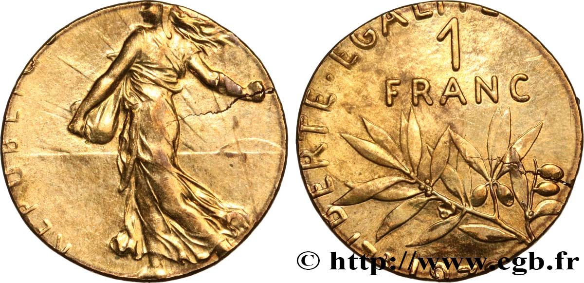 Fauté de 1 franc Semeuse, nickel, sur flan de 5 centimes Marianne n.d. Paris F.226/- var. SUP58 