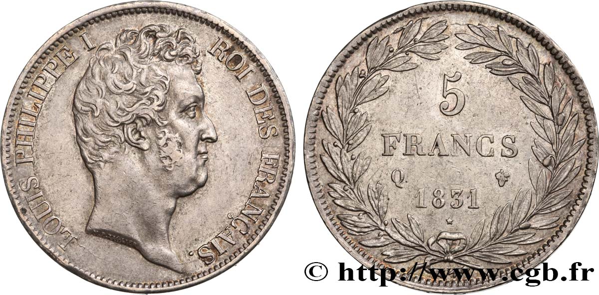 5 francs type Tiolier avec le I, tranche en creux 1831 Perpignan F.315/25 AU52 