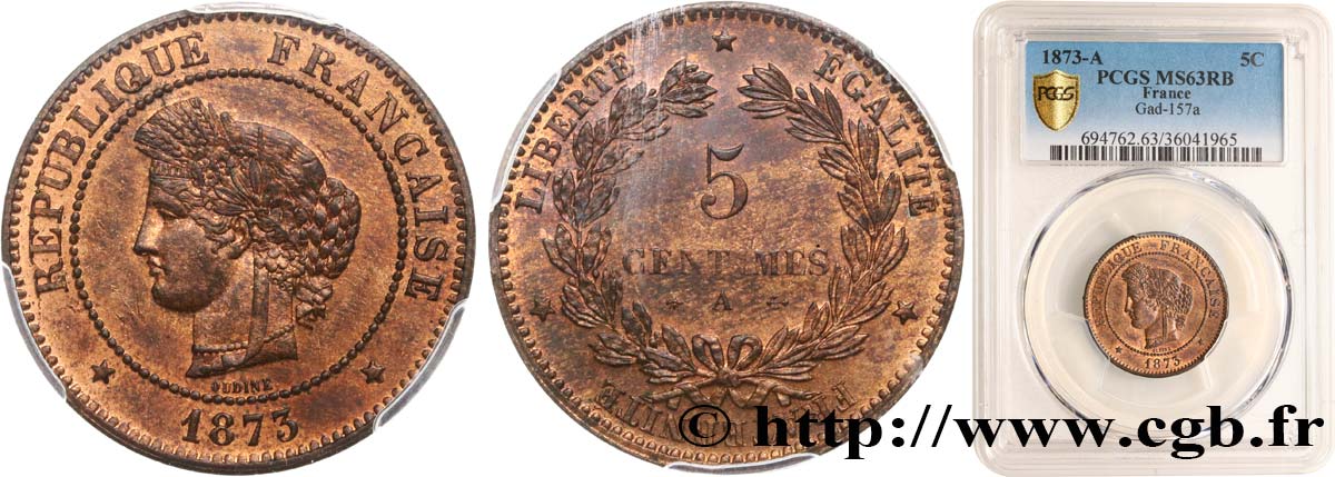 5 centimes Cérès 1873 Paris F.118/7 SPL63 PCGS