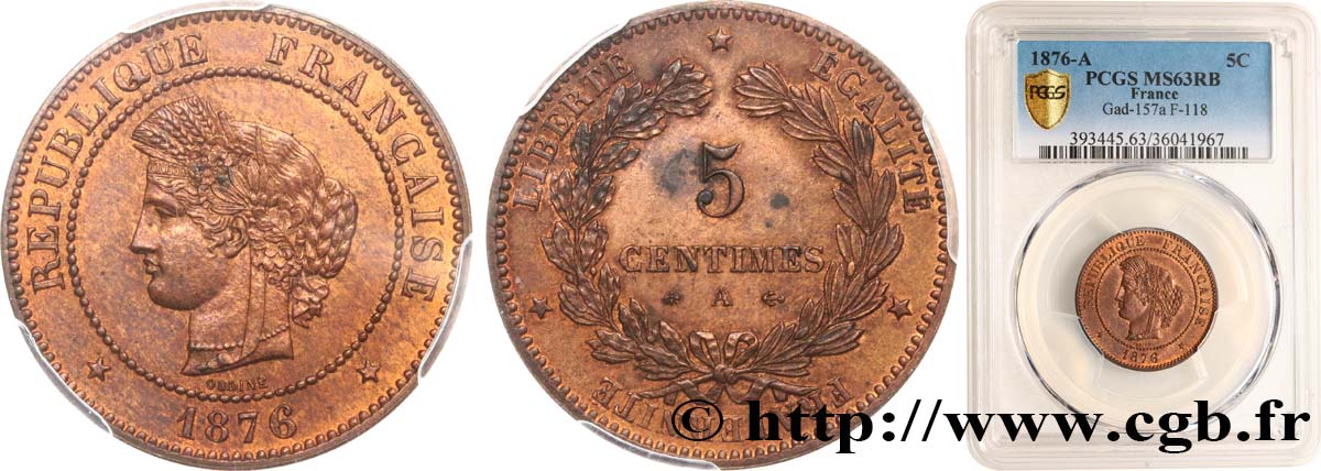 5 centimes Cérès 1876 Paris F.118/13 fST63 PCGS