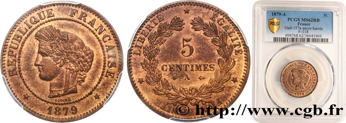 5 centimes Cérès 1879 Paris F.118/20 MS62 PCGS
