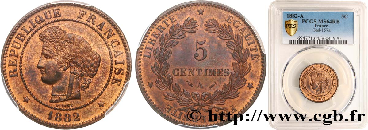 5 centimes Cérès 1882 Paris F.118/23 SPL64 PCGS